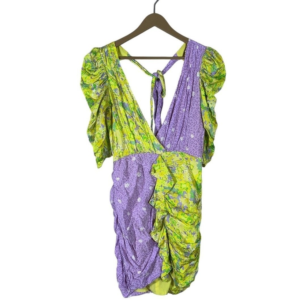 For Love & Lemons Mixed Floral Leopard Mini Dress Purple Lime Green Ruched SizeS - Picture 2 of 7